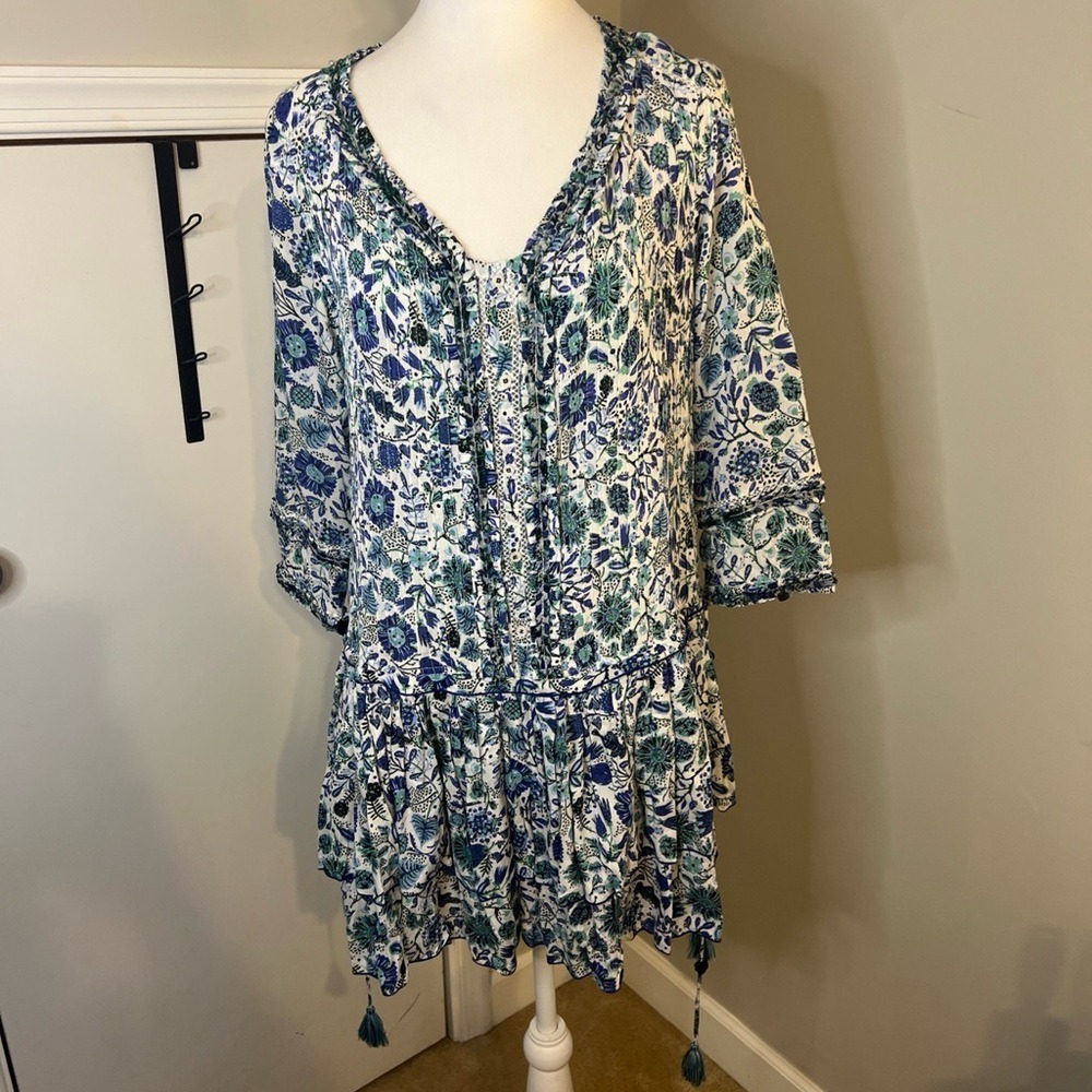 Poupette‎ St Barth Boho Floral Pintuck Lace Mini Dress Blue Green V-Neck Small